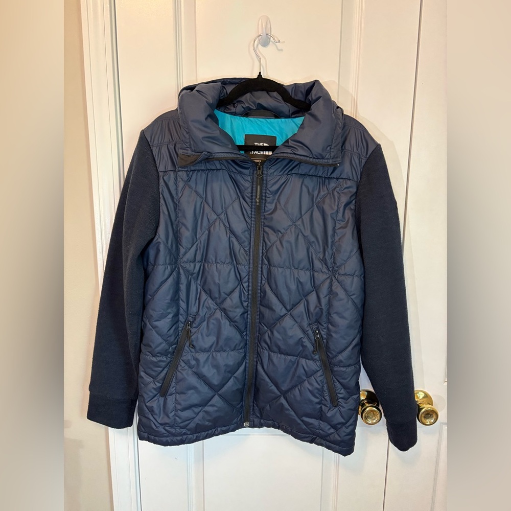 The North Face Quilted Jacket Hoodie Mens M Blue Knit Sleeve